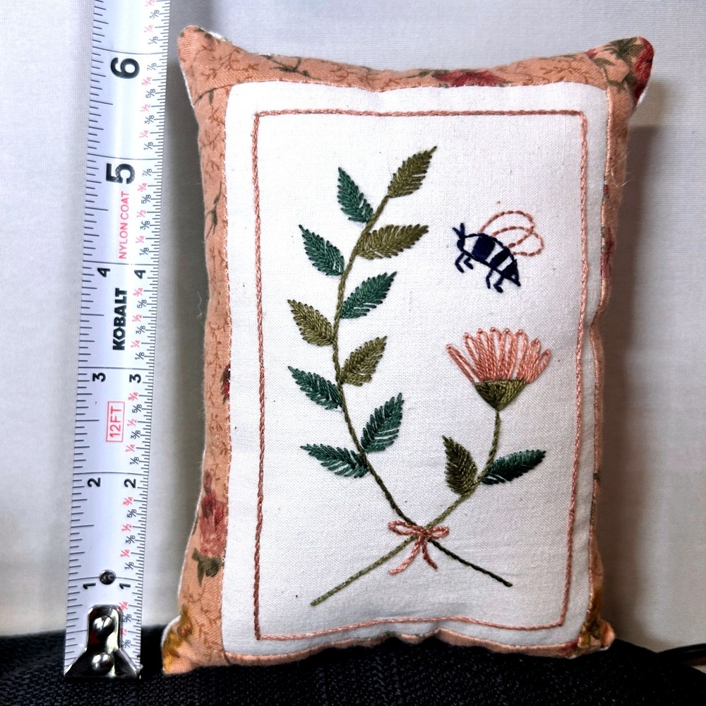 Handmade Embroidered Bee Floral Mini Accent Pillow